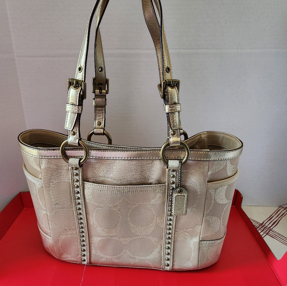 Coach Vintage Y2k Gold Gallery Signature Metallic Studded Tote Shoulder Hand Bag